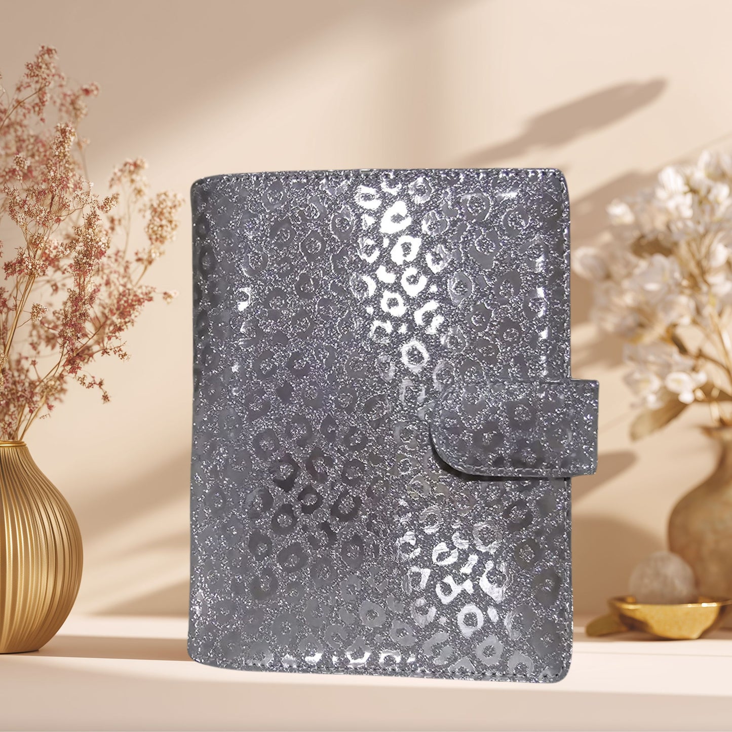 A6 Budget Binder – Silber Glitzer Leo
